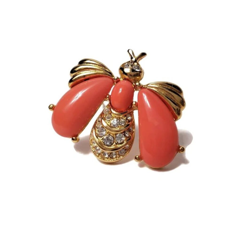 ❤️GIVENCHY CORAL & RHINESTONES Insect Brooch Pin - Picture 2 of 5